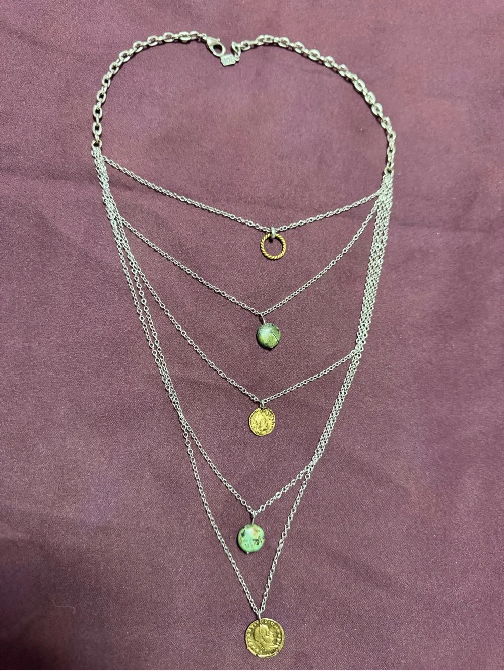 Accessorize Silver Layered Necklace with Green Stones and Gold Coins